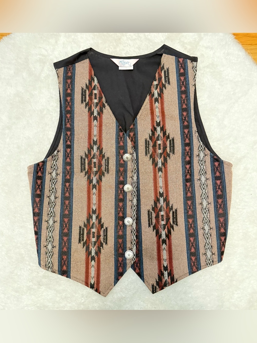 Vintage Southwestern Tapestry Vest with Detailed Silver Buttons